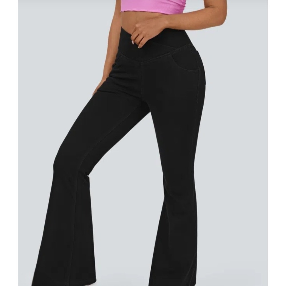 Halara Crossover Waist Flare Denim Leggings Black Wash Size Small Regular